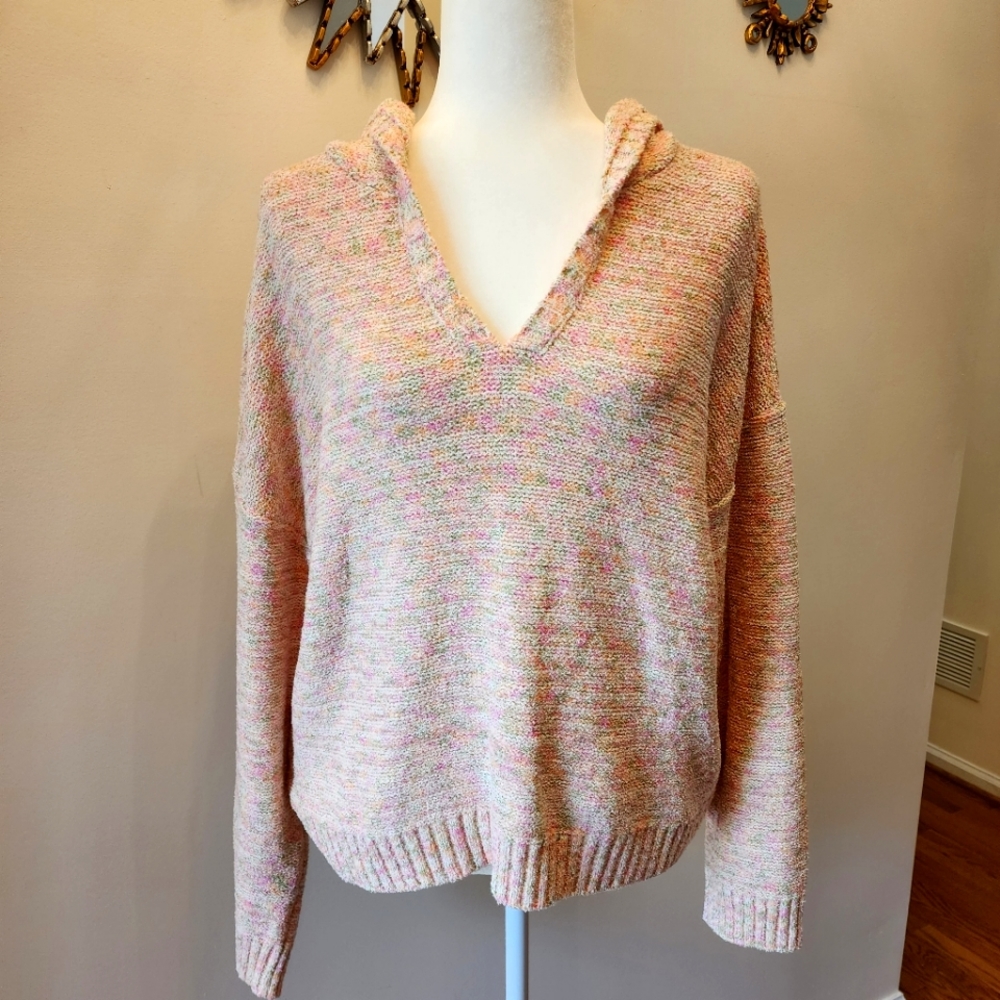 LOFT V-neck Marbled Pastel Knit Sweater with Hood Size Medium